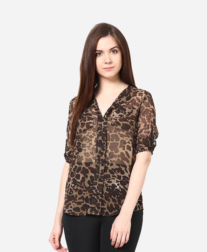 Trend18 Casual Roll-up Sleeve Animal Print Women's Top